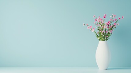 Wall Mural - A white vase with pink flowers sits on a table in front of a blue wall