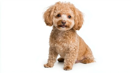 A small tan and white dog with brown ears sits on a white background