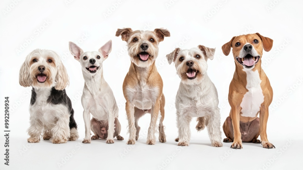 Five dogs of different sizes and colors are standing next to each other ...