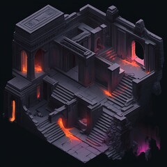 Canvas Print - Abstract isometric illustration of a ruined building with glowing light