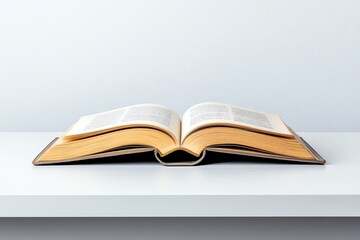 Poster - A minimalist desk with a single book, open to a page with simple text and a clean, white background