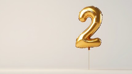 A shiny gold balloon shaped like the number 2 on a plain background.