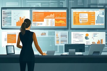 A professional analyzing data on multiple screens in a modern workspace.