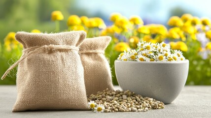 A bag of seeds and a bowl of flowers sit on a table