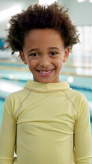 Sticker - Boy, smile and child at swimming pool with fitness for training lesson, workout and practice break. Portrait, male kid and happy for sports challenge, tournament and swimmer program at indoor centre