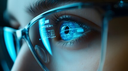 Poster - Close-up of an Eye Looking Through Glasses with a Digital Interface Reflected in the Lens