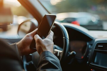 Closeup of a businessman hand using smartphone while driving car