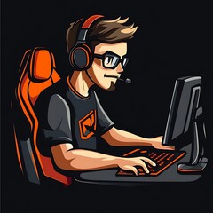 Wall Mural - Gamer with headphones playing video game on PC, esports, streaming, online gaming