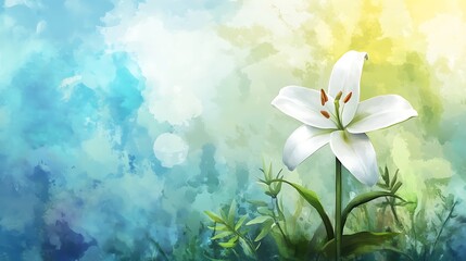 Sticker - Watercolor Illustration of a White Lily with a Soft Blue and Green Background.