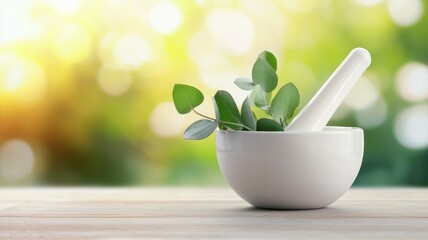 A white bowl with a plant inside of it sits on a wooden table