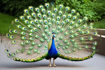 a peacock spreading its vibrant feathers, displaying the full array of colors in a magnificent fan-l