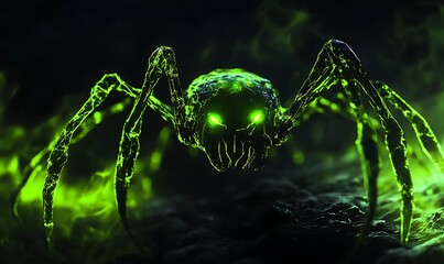 Canvas Print - Glowing Green Monster Spider in Dark Setting