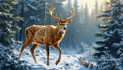 Wall Mural - Golden male deer gracefully traversing a winter landscape amidst conifer forest serenity