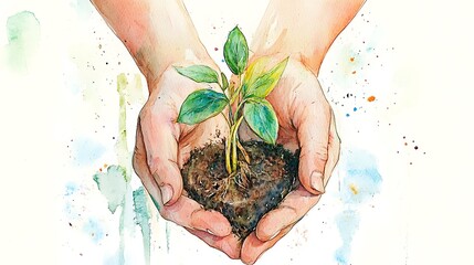 Canvas Print - Watercolor Illustration of Hands Holding a Small Plant with Soil.