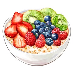 Canvas Print - Bowl of Oatmeal with Fresh Fruit, Watercolor Illustration.