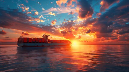 Container ship in the sea at sunset