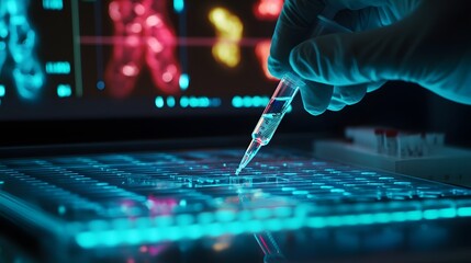 Poster - Gloved Hand Holding a Syringe Over a Grid in a Laboratory