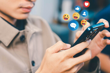 Social media and digital online concept, man using smart phone. The concept of living on vacation and playing social media. Social Distancing ,Working From Home concept. Social media concept.