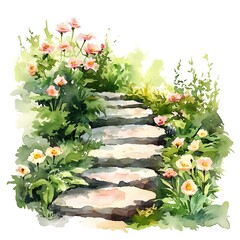 Poster - Watercolor illustration of stone steps surrounded by flowers and greenery.