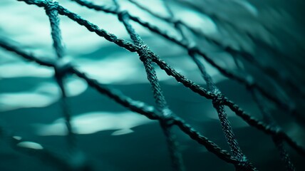 A close up of a blue net with a dark blue background