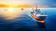 © Space Priest - A large white boat is sailing in the ocean with a sunset in the background