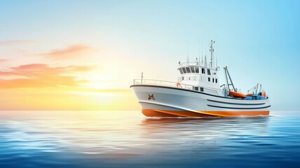 Wall Mural - A large white fishing boat is sailing on the ocean