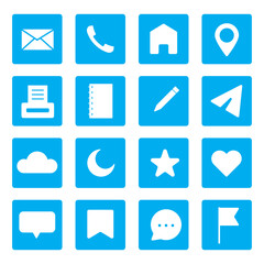 Poster - Communication icon set. Social media symbols. Blue square icons. Vector graphic collection.