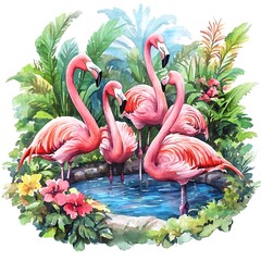 Canvas Print - Four Flamingos in a Tropical Lagoon.