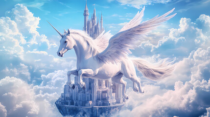 Wall Mural - majestic winged unicorn in ethereal celestial castle floating amidst serene skies and clouds. hippog