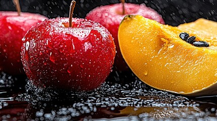 Wall Mural - Red Apples and Yellow Papaya in Water Drops