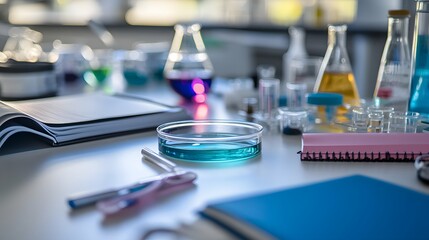 Poster - Laboratory Tabletop with Glassware, Notebooks, and a Blue Solution