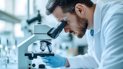 Poster - A male scientist in a lab coat looking through a microscope