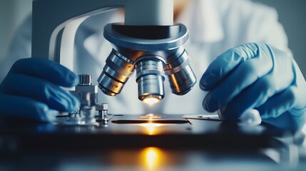Poster - Close-up of a Microscope with Gloved Hands Preparing a Slide