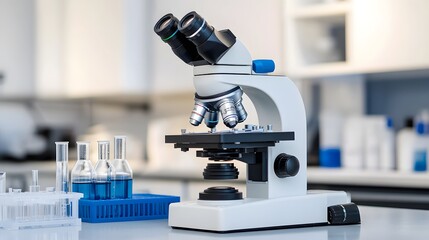 Poster - a microscope and laboratory equipment on a white table