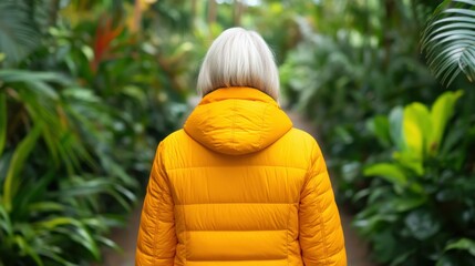 Older woman with white hair wearing a bright yellow jacket walking through a lush green pathway surrounded by plants and nature.