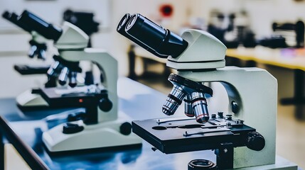 Poster - Close-up of a Modern Compound Microscope in a Lab Setting