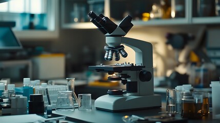 A microscope in a laboratory setting, surrounded by beakers and test tubes.