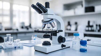 Poster - A white microscope on a laboratory table with clear bottles and test tubes.