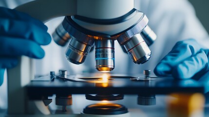 Poster - A Microscope with Illuminated Stage and Lenses, Close-up