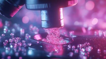 Poster - Close-up of a microscope lens with pink and blue lighting, revealing a cluster of transparent spheres.