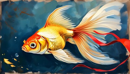 Elegant goldfish with flowing ribbon tail in vibrant oil painting style