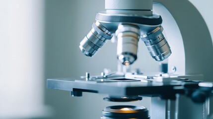 Poster - Close-up of a microscope's lenses and stage.