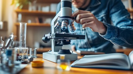 Poster - A Close-Up of a Person Adjusting a Microscope During a Science Experiment