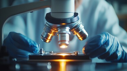 Poster - Close-up of a Scientist Using a Microscope in a Laboratory
