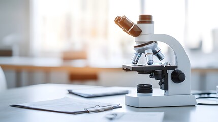 Poster - A White Microscope on a White Table with Documents in a Laboratory Setting
