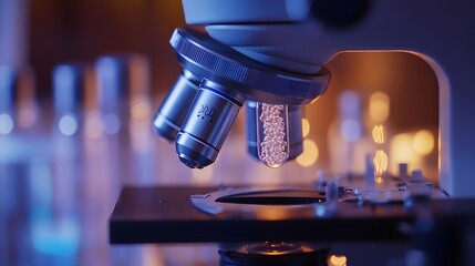 Poster - Close-up of a microscope with a test tube filled with small white spheres