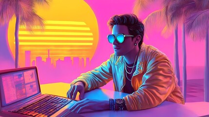 Canvas Print - Young man in stylish 80s clothing using laptop with neon sunset and palm trees in background