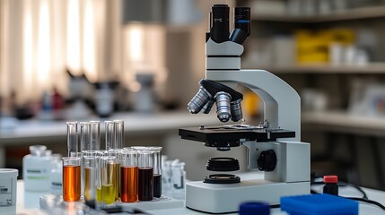 Poster - A Microscope and Test Tubes in a Laboratory Setting