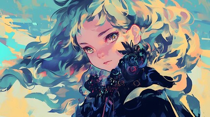 Wall Mural - Anime girl with blue hair and brown eyes, digital art illustration