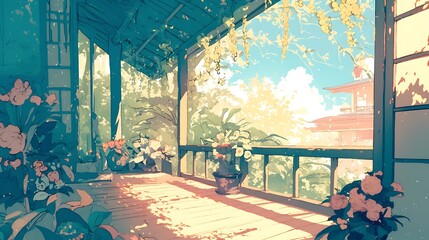 Wall Mural - Vibrant Japanese Garden Terrace Illustration, Tranquil Anime Style